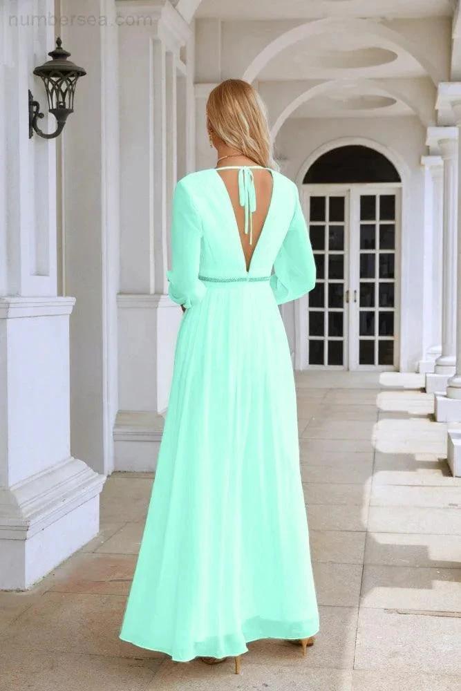 Ladies V Neck Chiffon Long Sleeve Front Slit Bridesmaid Evening Dress Wedding Party Shopping Evening Dress 28109 by numbersea