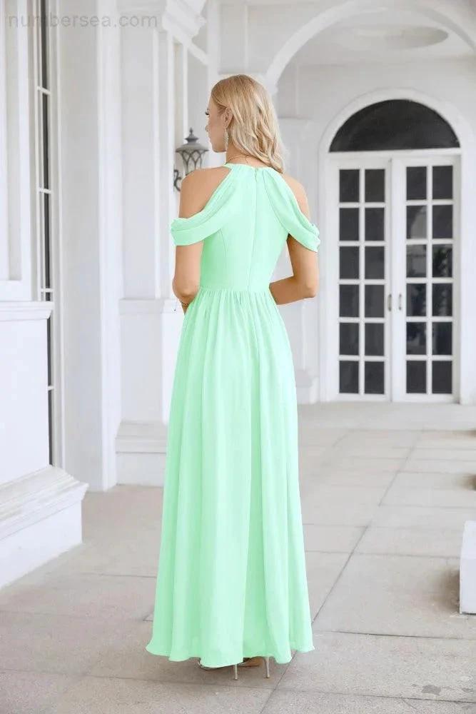 Ladies Chiffon Off Shoulder Swing Sleeve Front Slit Bridesmaid Evening Dress Wedding Party Evening Dress 28117 by numbersea