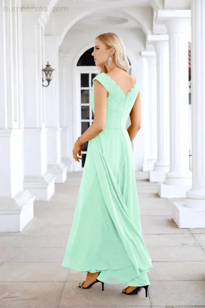 Ladies Chiffon V Neck Sleeveless Floor Length Bridesmaid Evening Dress Wedding Party Evening Dress 28126 by numbersea