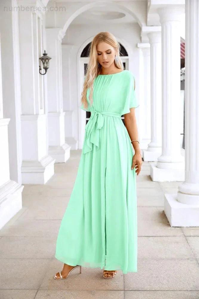 Ladies Chiffon Sleeve Crew Neck Front Slit Floor Length Bridesmaid Evening Dress Wedding Party Evening Dress 28124 by numbersea