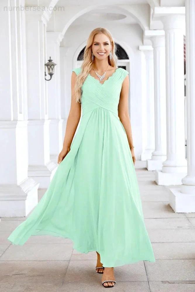Ladies Chiffon V Neck Sleeveless Floor Length Bridesmaid Evening Dress Wedding Party Evening Dress 28126 by numbersea