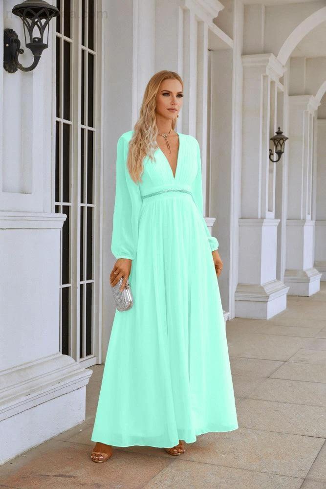 Ladies V Neck Chiffon Long Sleeve Front Slit Bridesmaid Evening Dress Wedding Party Shopping Evening Dress 28109 by numbersea