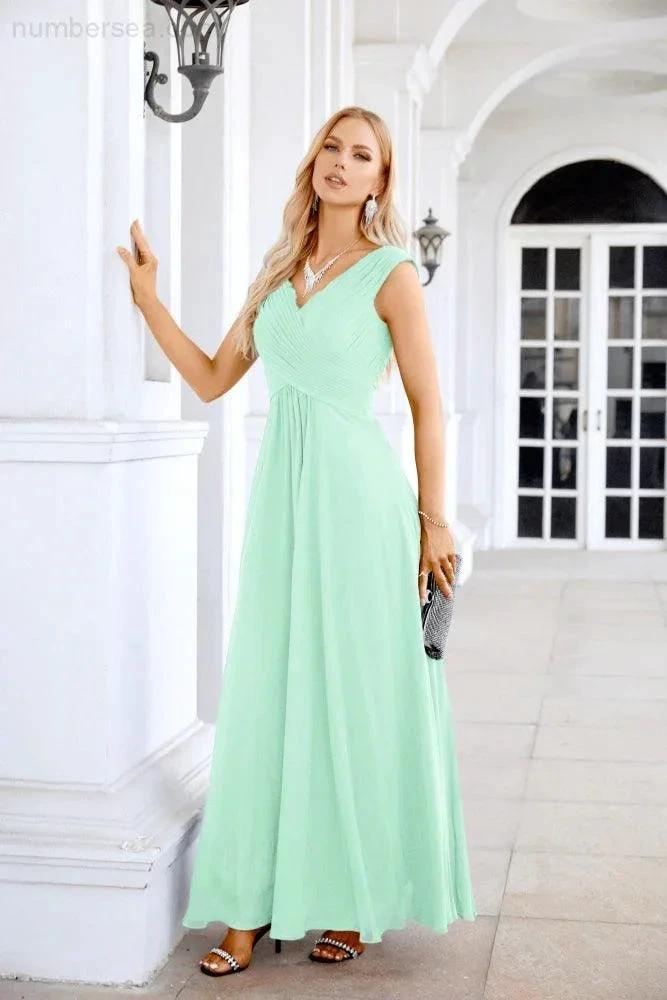 Ladies Chiffon V Neck Sleeveless Floor Length Bridesmaid Evening Dress Wedding Party Evening Dress 28126 by numbersea