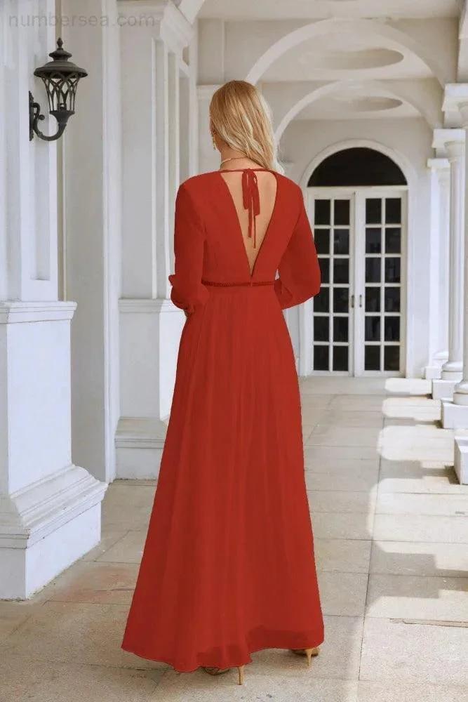 Ladies V Neck Chiffon Long Sleeve Front Slit Bridesmaid Evening Dress Wedding Party Shopping Evening Dress 28109 by numbersea