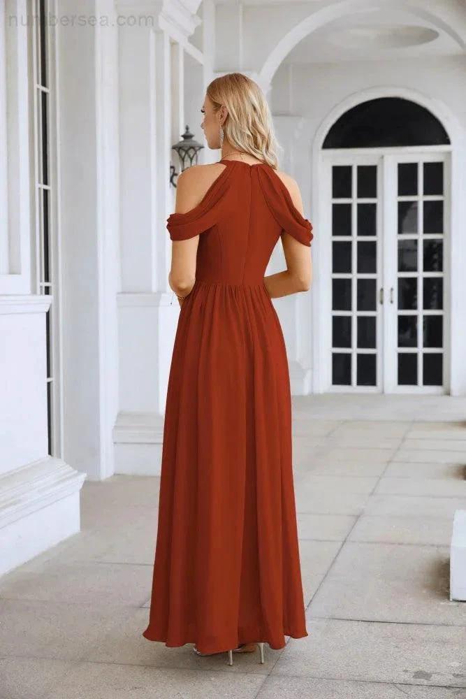 Ladies Chiffon Off Shoulder Swing Sleeve Front Slit Bridesmaid Evening Dress Wedding Party Evening Dress 28117 by numbersea