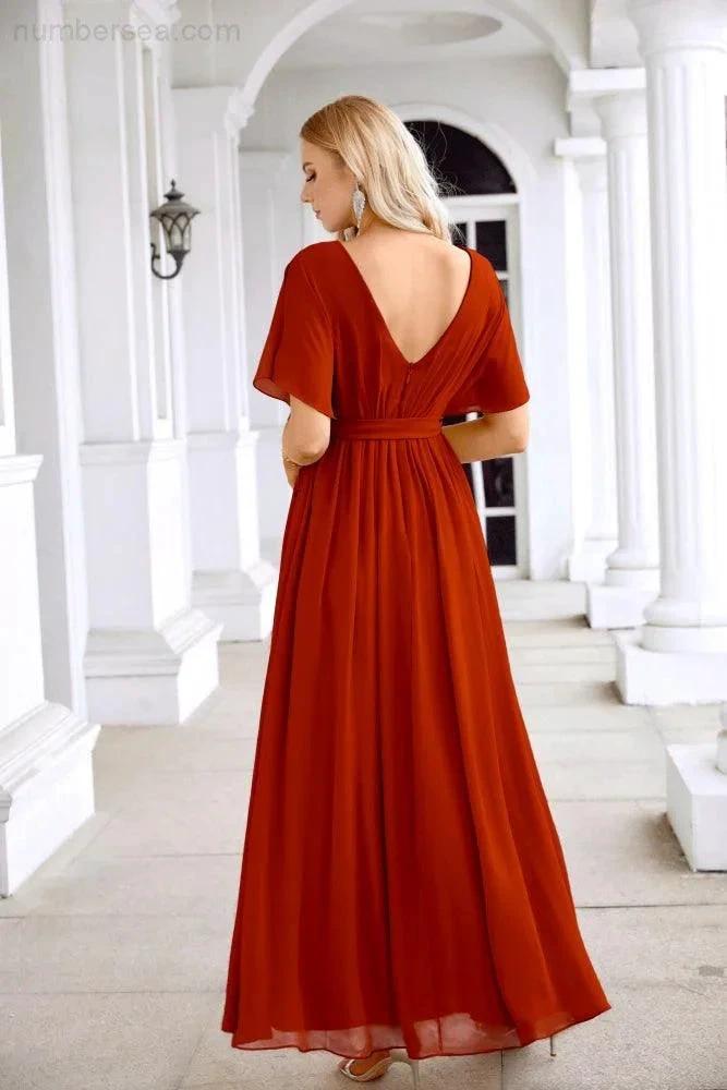 Ladies Chiffon Sleeve Crew Neck Front Slit Floor Length Bridesmaid Evening Dress Wedding Party Evening Dress 28124 by numbersea