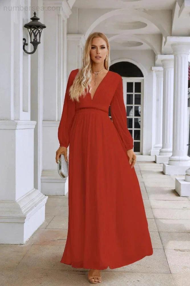 Ladies V Neck Chiffon Long Sleeve Front Slit Bridesmaid Evening Dress Wedding Party Shopping Evening Dress 28109 by numbersea