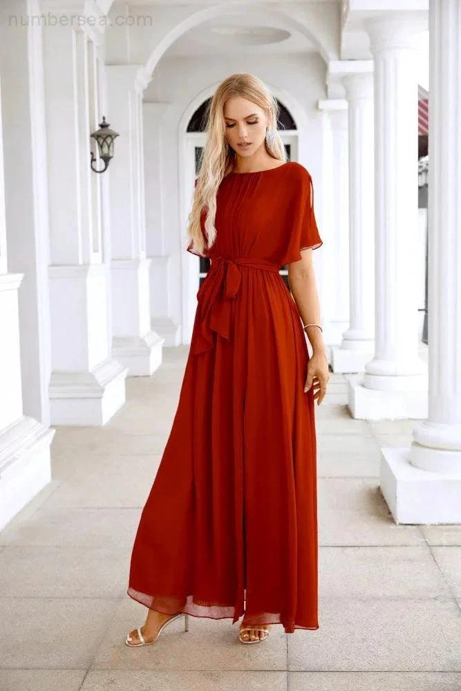 Ladies Chiffon Sleeve Crew Neck Front Slit Floor Length Bridesmaid Evening Dress Wedding Party Evening Dress 28124 by numbersea