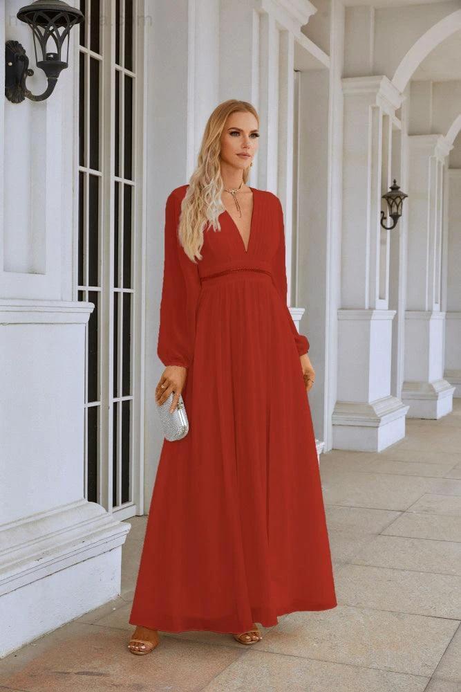Ladies V Neck Chiffon Long Sleeve Front Slit Bridesmaid Evening Dress Wedding Party Shopping Evening Dress 28109 by numbersea