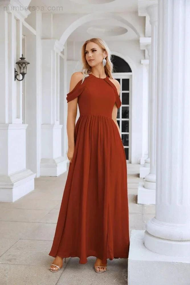 Ladies Chiffon Off Shoulder Swing Sleeve Front Slit Bridesmaid Evening Dress Wedding Party Evening Dress 28117 by numbersea