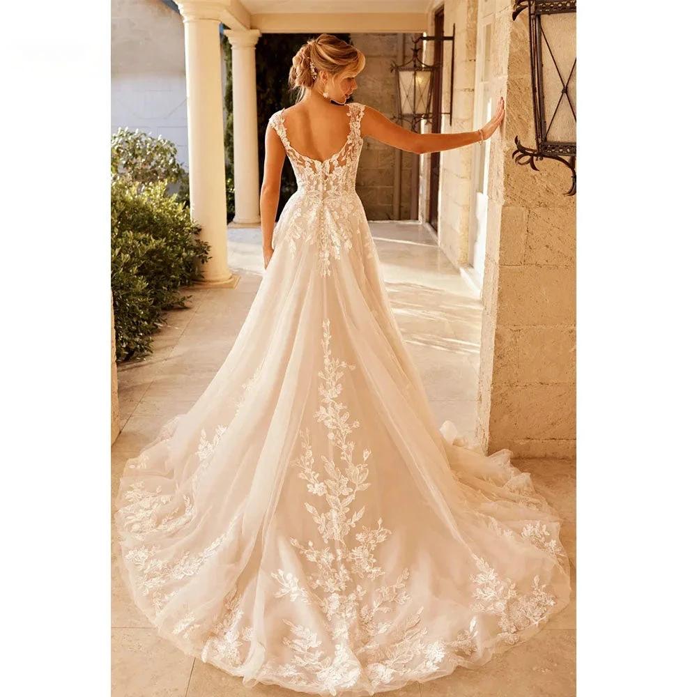 Elegant Wedding Dress For Women V-Neck Cap Sleeve Lace Appliques Vestido De Noiva With Button Sweep Train Custom Made by payinti