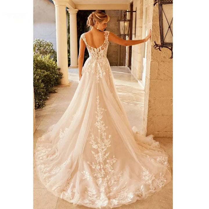 Elegant Wedding Dress For Women V-Neck Cap Sleeve Lace Appliques Vestido De Noiva With Button Sweep Train Custom Made by payinti