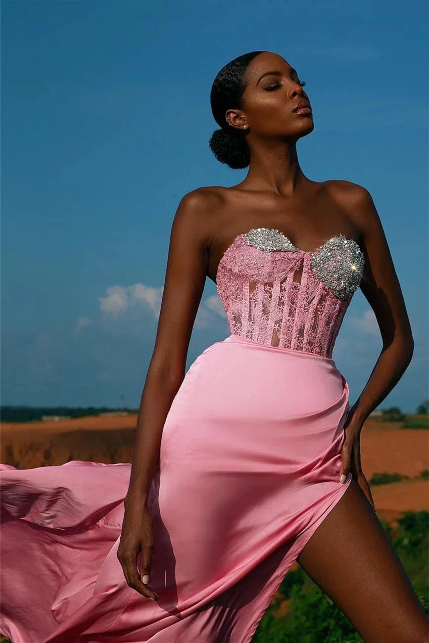 Sweetheart Pink Split Mermaid Evening Dress with Beadings and Lace Appliques by BIZTUNNEL