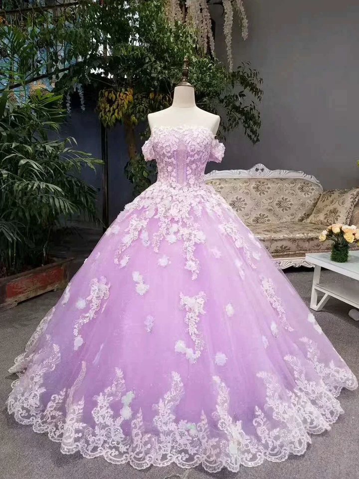 New Arrival Floral Wedding Dresses A-Line Floor Length Lace Up Off The Shoulder Ball Gown With Beads And Appliques Y1090 by simplepromdress