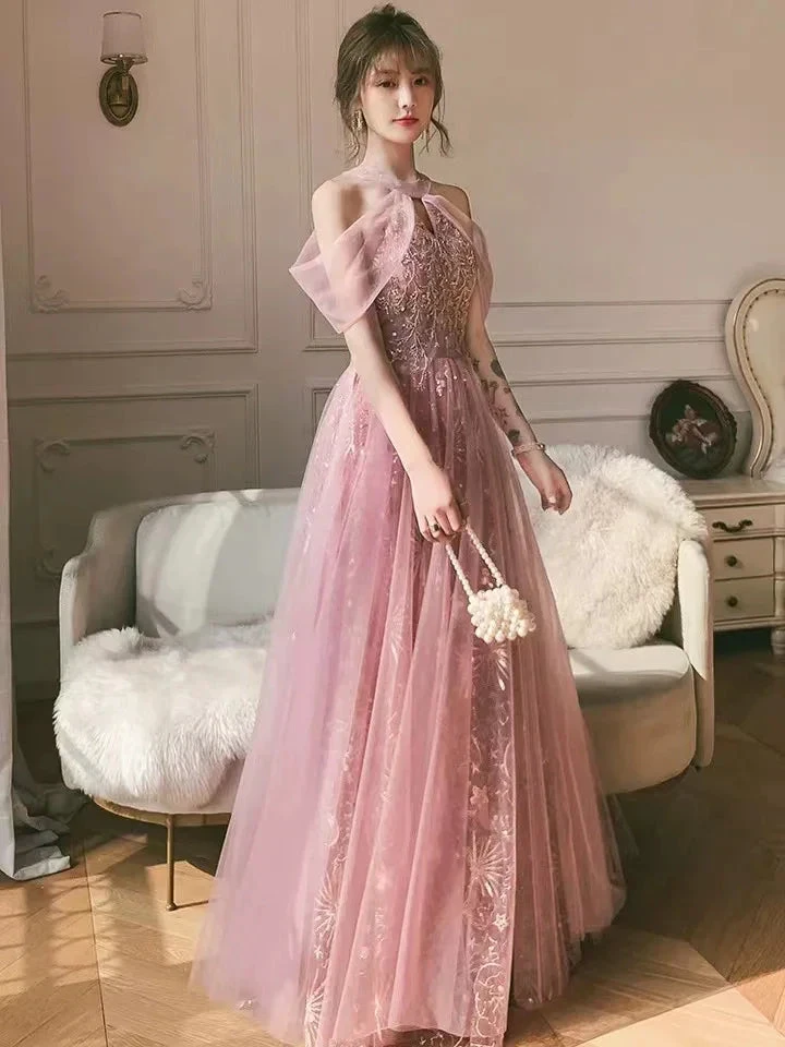 Pink party dress, halter neck prom dress, sweet fairy evening dress Y1918 by simplepromdress