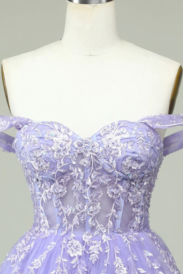 A Line Off the Shoulder Lilac Corset Homecoming Dress with Appliques Y2168 by simplepromdress