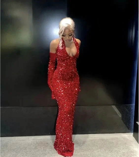Black Girl Sexy Halter Sequin Red Prom Dress Long Mermaid Evening Dress Y7822 by simplepromdress