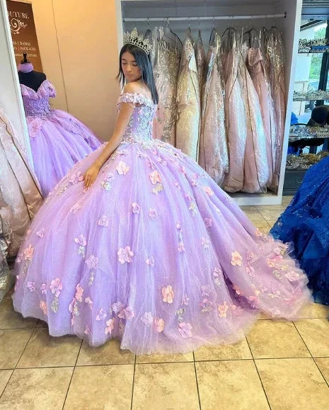 Lavender Applique Off Shoulder Shiny Elegant Tulle Ball Gown 3D Flowers Princess Dress Sweet 15th Y285 by simplepromdress