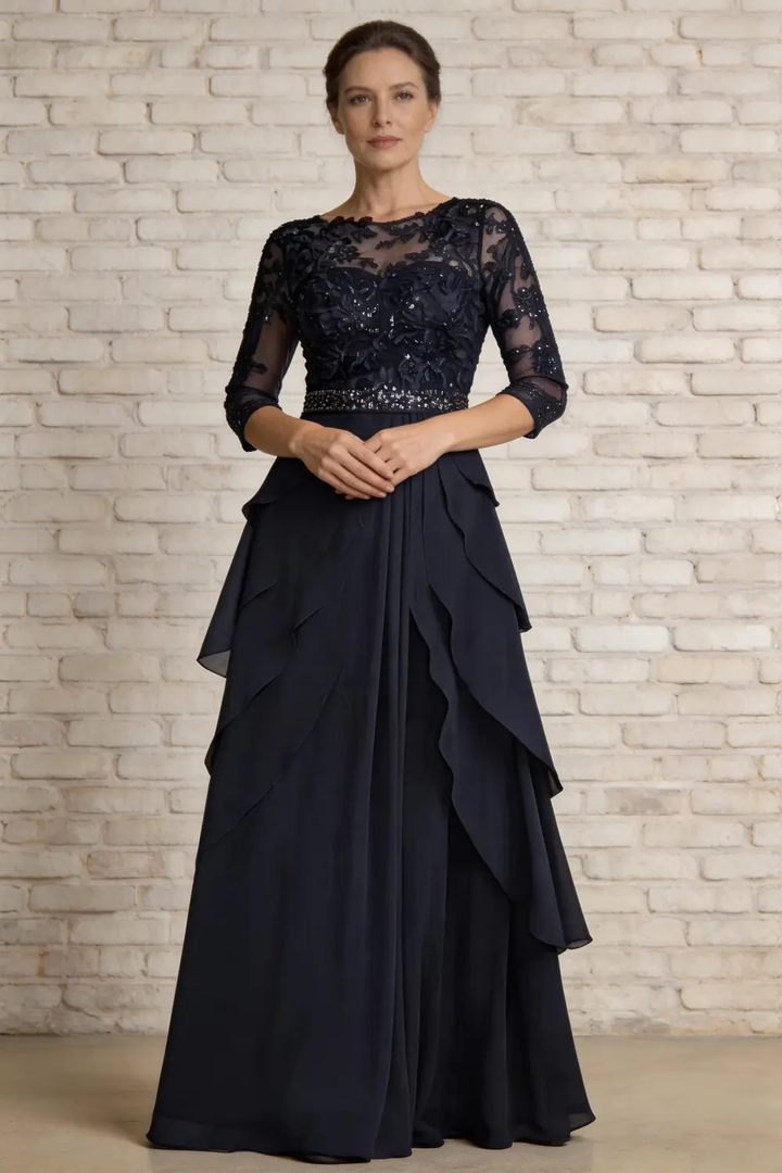 Navy Blue Lace Applique Chiffon Mother of the Bride Dress by tangjianjun