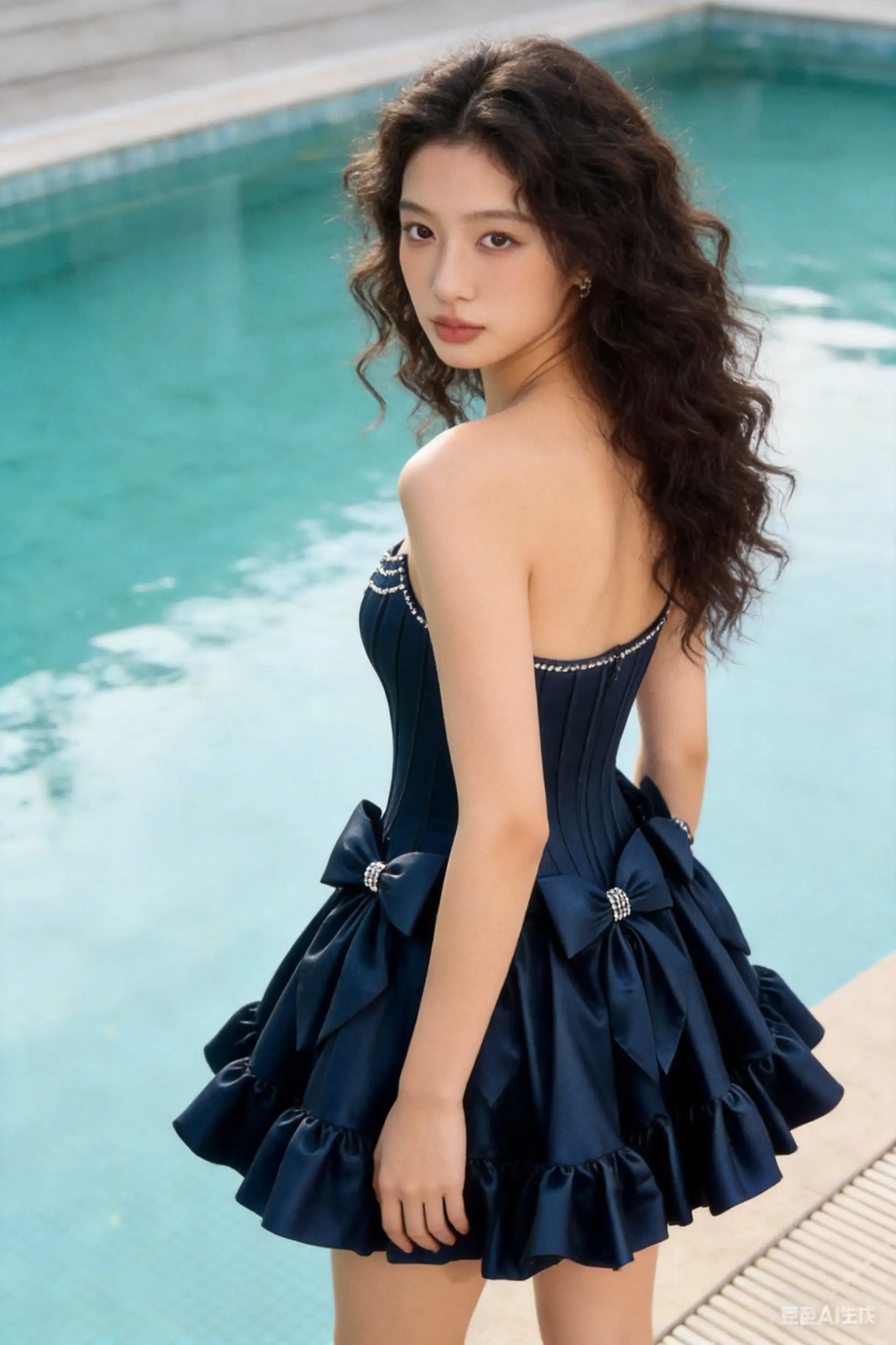 Navy Blue Strapless Corset Mini Dress with Crystal Bows &amp; Beaded Trim by simplepromdress