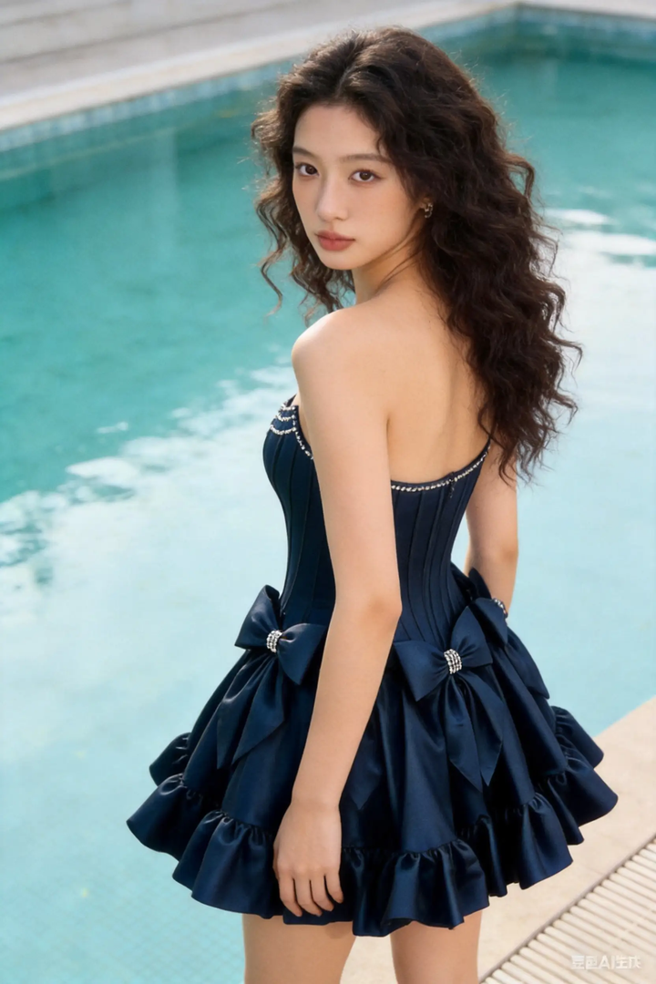 Navy Blue Strapless Corset Mini Dress with Crystal Bows &amp; Beaded Trim by simplepromdress