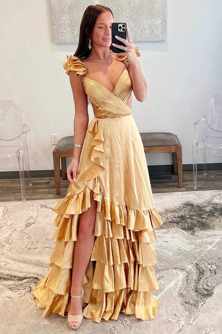 Brittany | Red Cutout Ruffle A-Line Long Prom Dress with Slit by KissProm