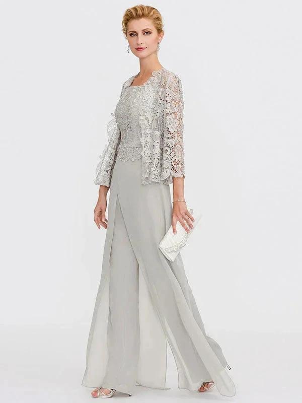 3 Piece Chiffon Square Neck Mother of the Bride Pantsuits with Jacket by Dreamylily