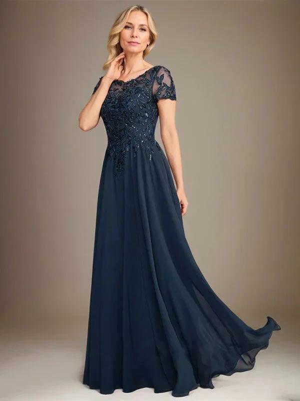 A-Line Scoop Floor-Length Chiffon Mother of the Bride Dress With Applique &amp; Sequins by Dreamylily