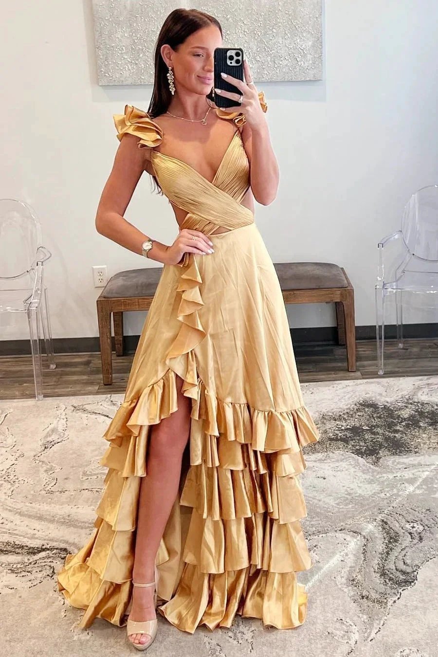 Brittany | Red Cutout Ruffle A-Line Long Prom Dress with Slit by KissProm