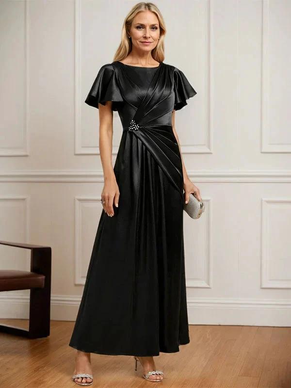 A-line Scoop Ankle-Length Stretch Satin Mother of the Bride Dress With Pleated Beading by Dreamylily