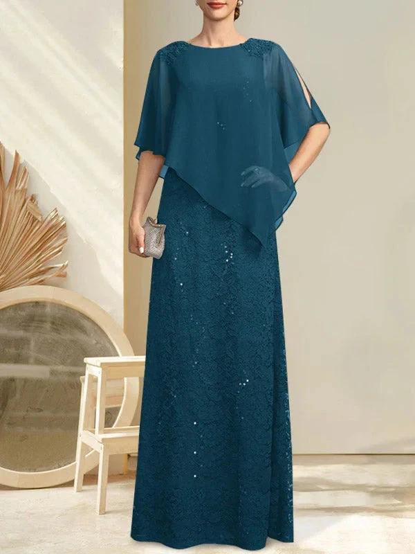 Sheath/Column Scoop Floor-Length Chiffon Lace Mother of the Bride Dress With Sequins Beading by Dreamylily