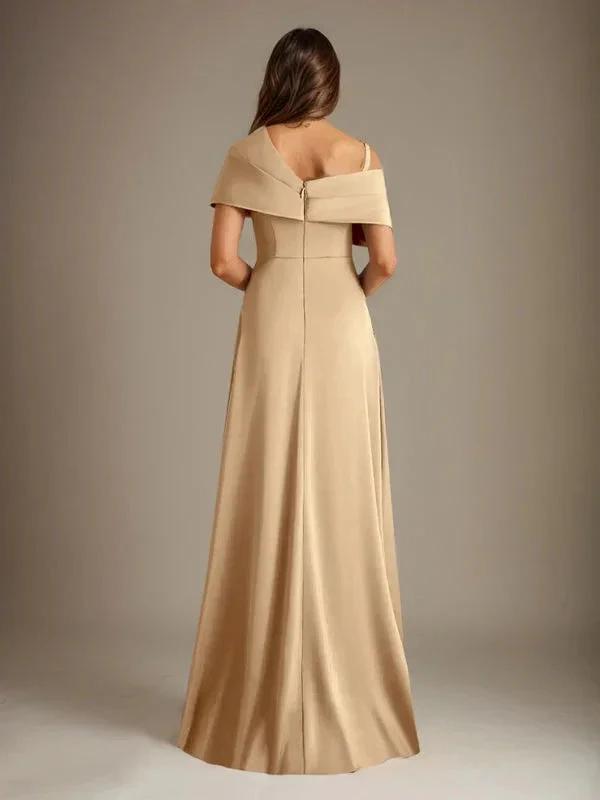 A-Line Asymmetrical Neckline Floor-Length Satin Mother of the Bride Dress With Pleated by Dreamylily