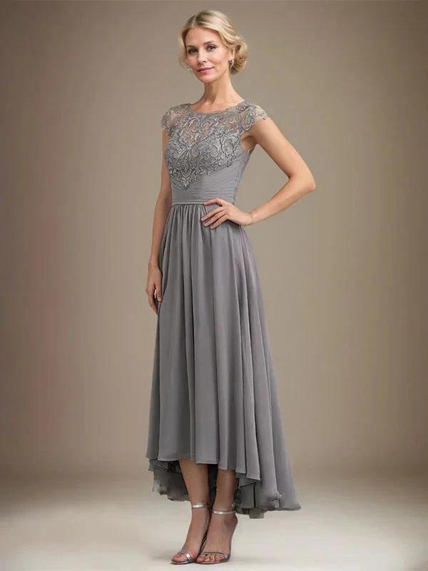 A-line Scoop Illusion Asymmetrical Lace Chiffon Mother of the Bride Dress With Pleated by Dreamylily