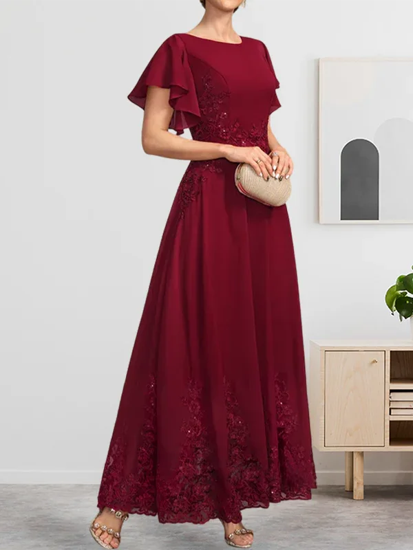 Abito da madre della sposa in chiffon di pizzo con scollo a U, lunghezza alla caviglia, linea a trapezio, con paillettes