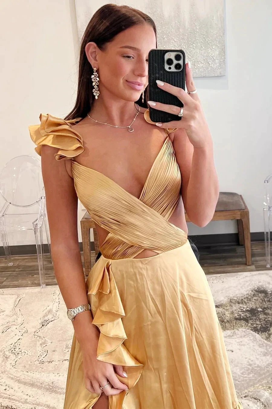 Brittany | Red Cutout Ruffle A-Line Long Prom Dress with Slit by KissProm