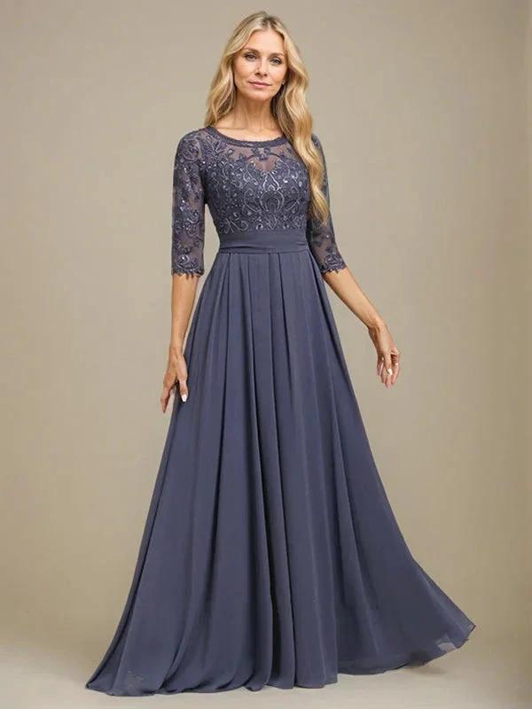 A-Line Scoop Floor-Length Lace Chiffon Mother Of the Bride Dress With Sequins Applique by Dreamylily