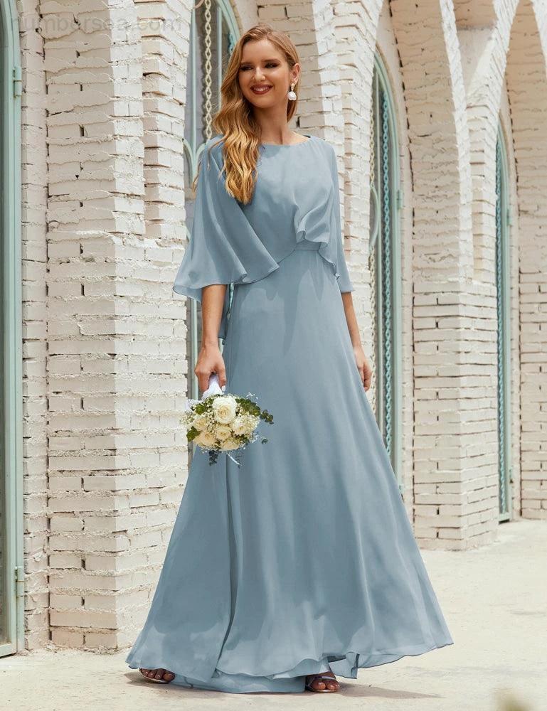 Sunnderly Bridesmaid Dress Women Long Sleeve V-Neck Chiffon Formal Wedding Party Dress SY28018 by numbersea