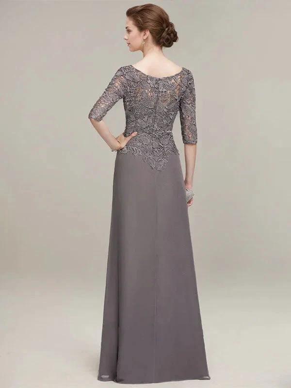 A-line Scoop Illusion Floor-Length Lace Chiffon Mother of the Bride Dress With Cascading Ruffles by Dreamylily