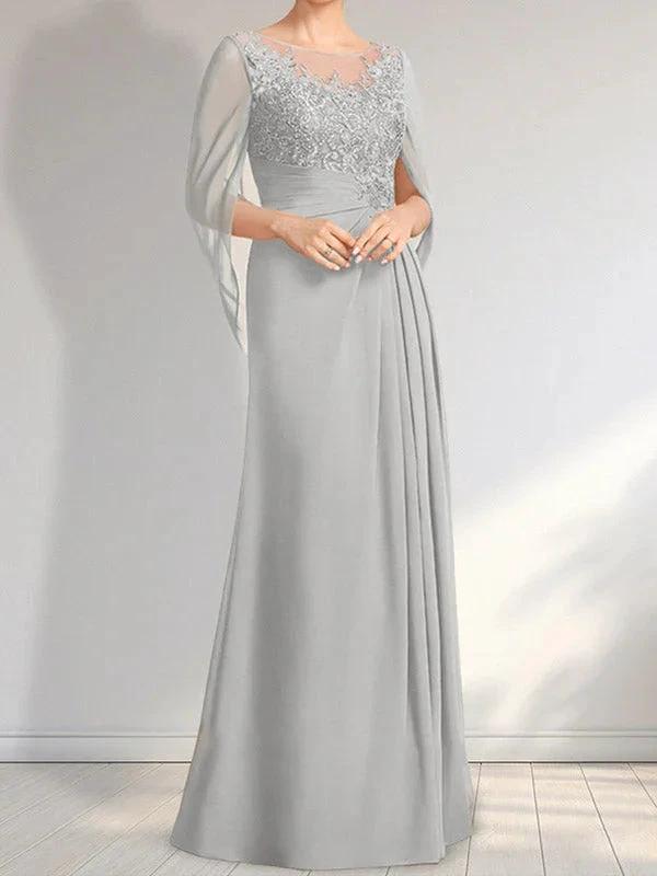 A-line Scoop Illusion Floor-Length Lace Chiffon Mother of the Bride Dress With Pleated Sequins by Dreamylily