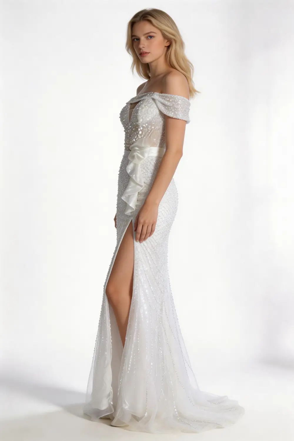Off-the-Shoulder Sequin Mermaid Formal Gown with High Slit &amp; Ruffle Detail by tangjianjun