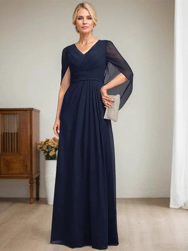 Dark Navy A-Line V-Neck Long Mother of Bride Dress by Dreamylily
