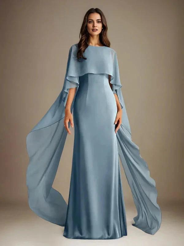 Sheath/Column Boatneck Floor-Length Chiffon Mother of the Bride Dress With Cascading Ruffles by Dreamylily