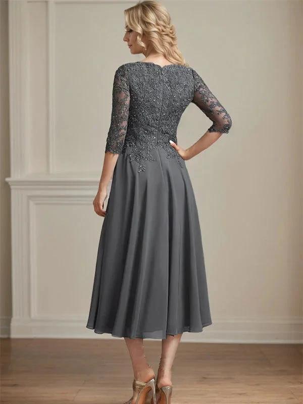 A-line V-Neck Tea-Length Chiffon Lace Mother of the Bride Dress With Beading Sequins by Dreamylily