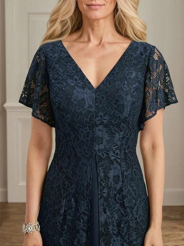 A-line V-Neck Tea-Length Lace Chiffon Mother of the Bride Dress by Dreamylily