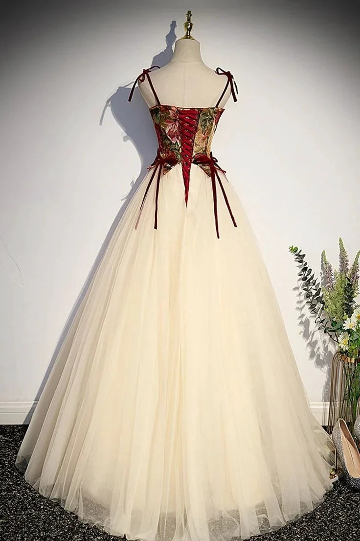 Champagne Tulle Spaghetti Strap Long Prom Dress A Line Party Ball Gown Y7952 by simplepromdress
