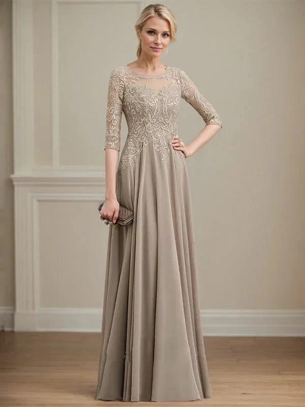 A-line Scoop Illusion Floor-Length Lace Chiffon Mother of the Bride Dress With Sequins by Dreamylily