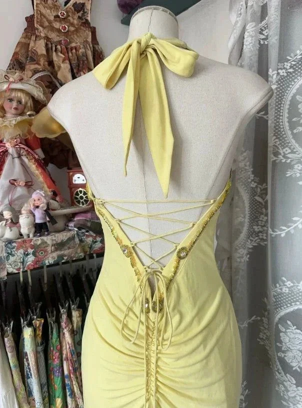 Elegant Yellow Mermaid Halter Neck Sequin Diamond Long Prom Dress Backless Slit Evening Dress Y8554 by simplepromdress