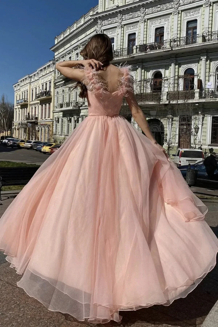 Elegant V Neck Pink Tulle Long Prom Dresses with High Slit, Pink Tulle Formal Graduation Evening Dresses Y1296 by simplepromdress