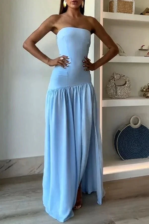 Elegant Strapless Blue Pleated Slit Evening Dress Formal Prom Dress Y7772 by simplepromdress