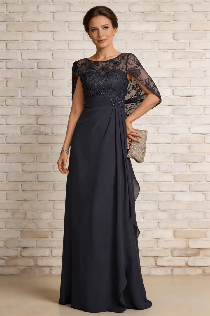 Dark Navy Lace Cape Sleeve Chiffon A-Line Mother of the Bride Formal Gown by tangjianjun